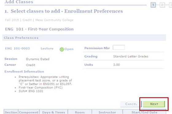 Description: Example: Click the Next button to add the class to your enrollment shopping cart