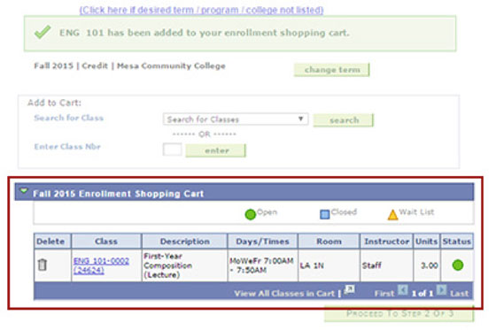 Description: Example: A class has been added to your enrollment shopping cart